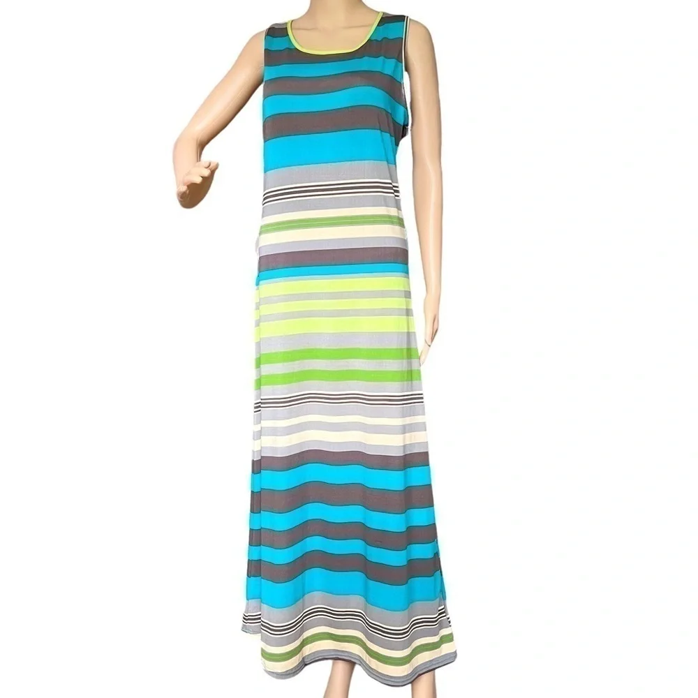 Paradise Women’s Maxi Sleeveless Dress Size L Multicolored Teal Brown Gray - Picture 1 of 7